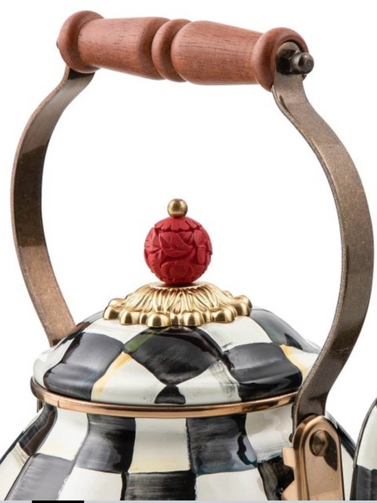 MacKenzie-Childs Other - MacKenzie-Childs Black & White Check Teapot with Red Finial and Gold Accents